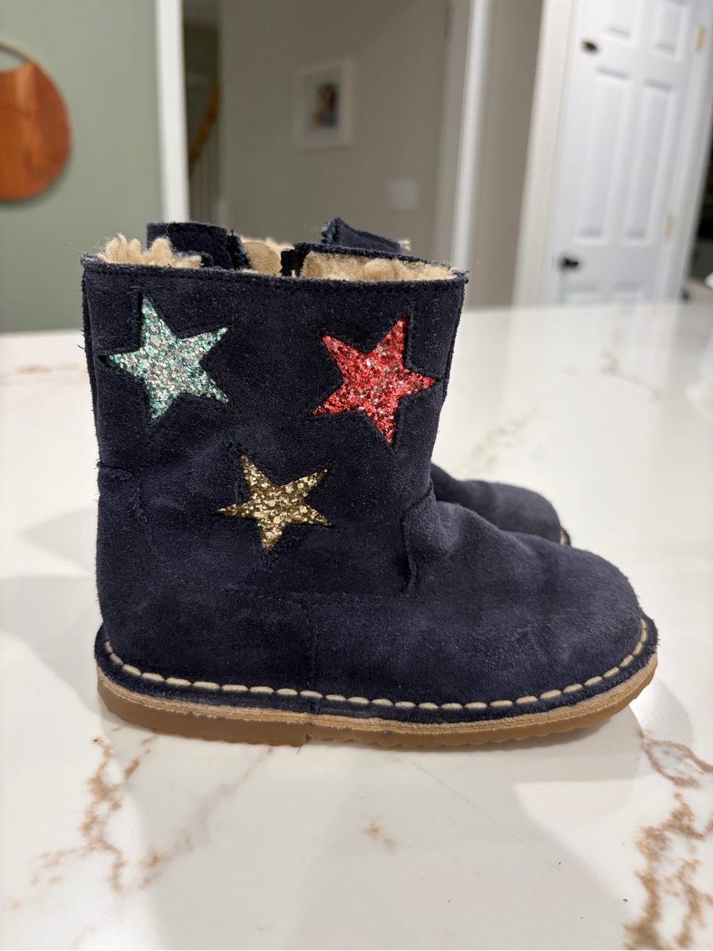 Mini Boden Navy Suede Kids Boots with Glitter Star Accents, US 8